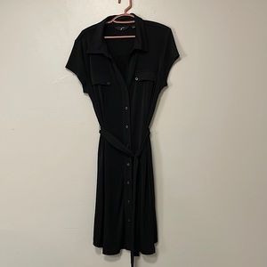 Black button front dress with tie around the waist.